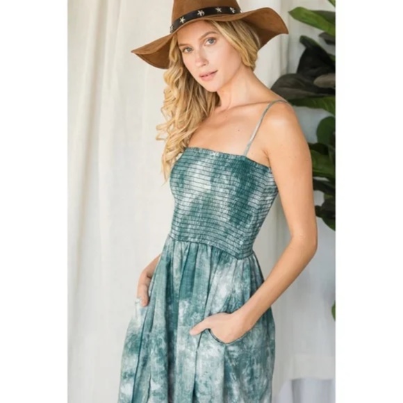 SOLD OUT Green Tie Dye Wide Palazzo Flare Leg Smocked Bohemian Casual Jumpsuit - Picture 8 of 13